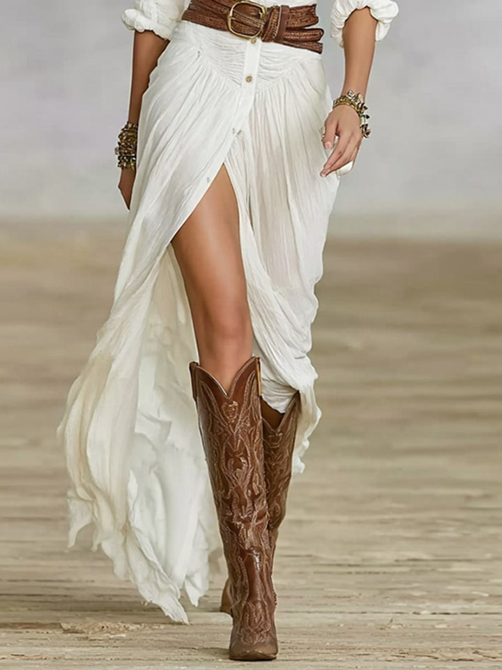 Каролина – Дълга рокля с колан и плисирани маншети от памук и лен