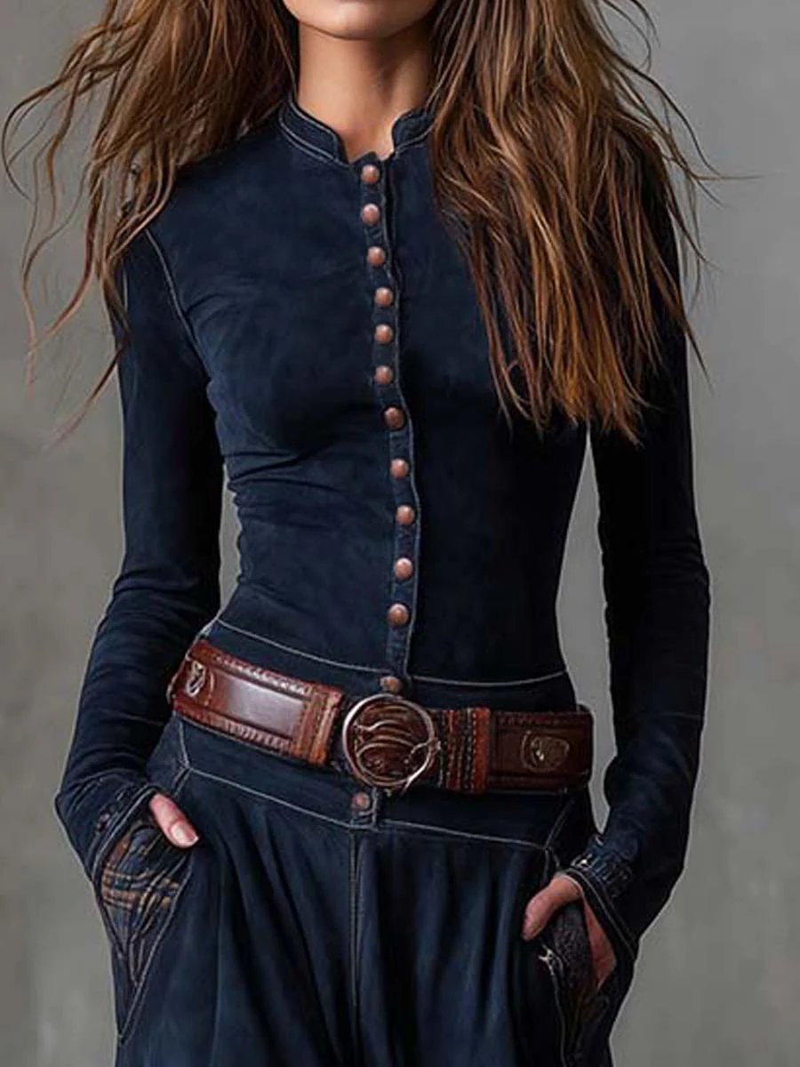 Лорена | Дълга винтидж рокля от велур с тъмносини карета (включва колан)