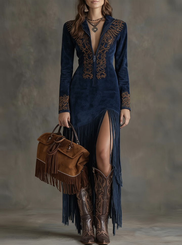 Валентина | Дълга рокля в уестърн стил с половин цип, бродерия и пискюли